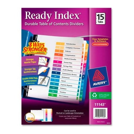 Avery Dennison Avery Ready Index T.O.C. Reference Divider, 1 to 15, 8.5"x11", 15 Tabs, White/Multi 11143